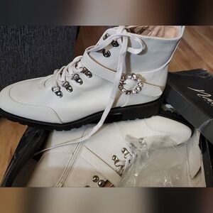 Ina White Combat Boots with Rhinestone Accent